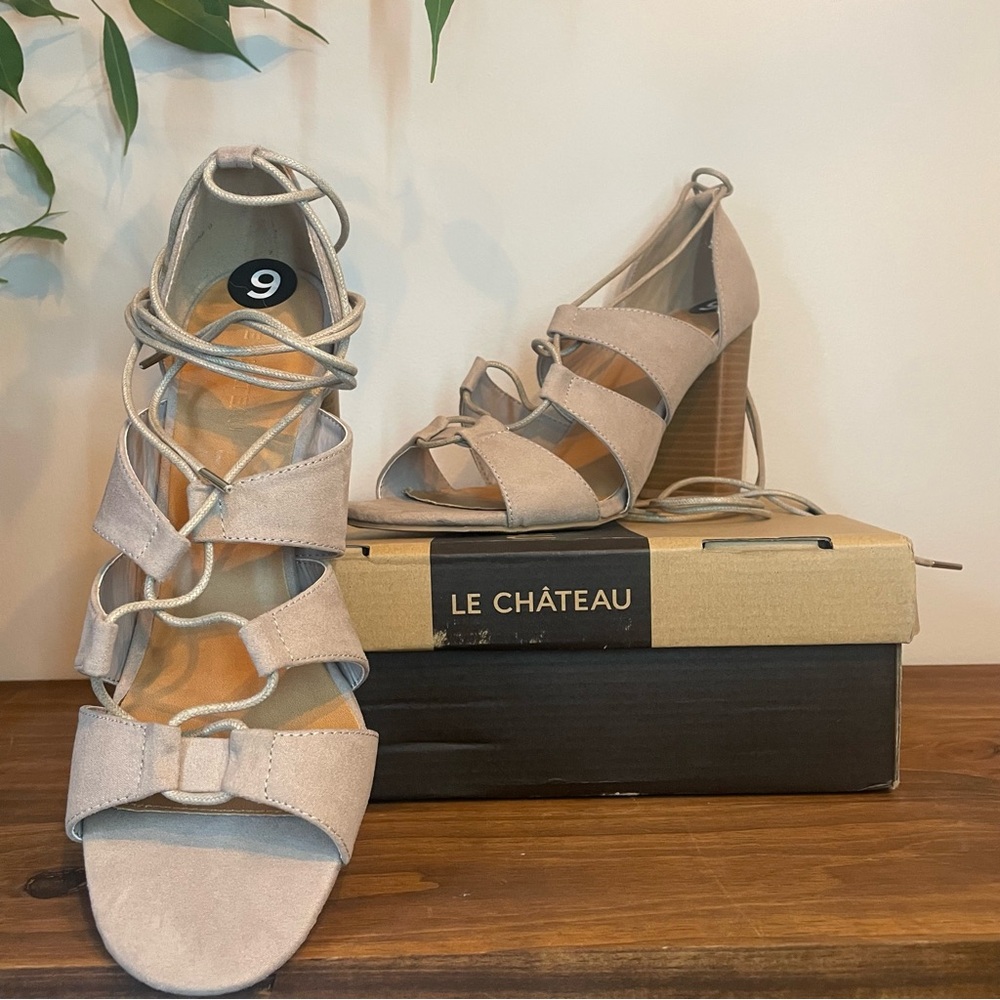 Le Chateau Women's Beige Taupe Strappy Block Heels